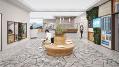 Provisorische Ansicht in Entwicklung: Mit dem Umbau 2022/2023 verbindet die LUKB neu Gastfreundschaft und Bankgeschäft und gestaltet die Kundenhalle in eine lebendige Begegnungs- und Beratungswelt um.